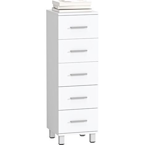 Schmaler Badezimmerschrank mit 5 Schubladen, Maße 30 x 30 x 95 cm, weiß
