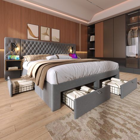 REDOM Lit double 160x200 cm avec 2 chevets 4 tiroirs tête de lit LED et USB cadre en métal tissu velours gris (Sans matelas) (1/5)