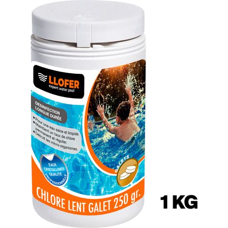 Llofer – Galets de chlore lent 1kg – Haute teneur en chlore 90% – Désinfectant pour piscine – Dissolution lente pour entretien efficace