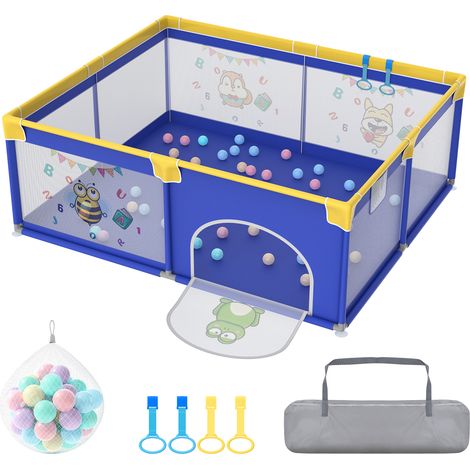 HENGMEI 200x180cmx68cm Parc pour bébé Pliable Parc pour enfants Parc pour bébés Playpen avec 50 balles océan, bracelet d'entraînement, filet respirant & sac à main- Animal bleu (1/5)