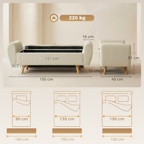 Banc coffre rembourré velours côtelé beige, banquette avec rangement, pieds bois et accoudoirs arrondis, assise confortable, meuble d'entrée ou salon. (1/5)