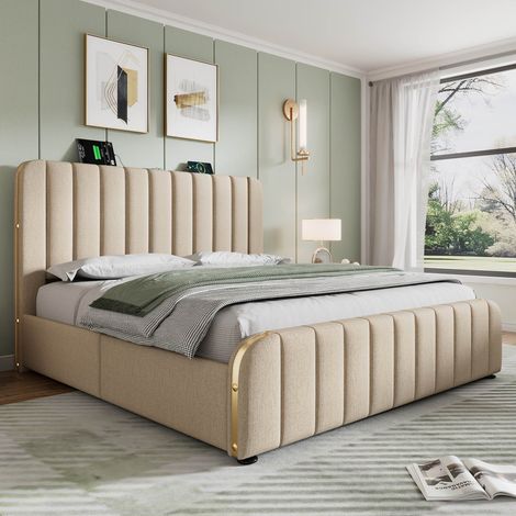Lit capitonné  140x190 cm avec 4 tiroirs Lit double avec charge USB et Type-C Lin Beige