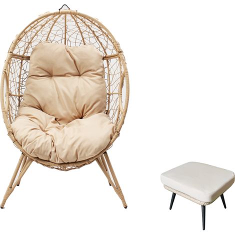 Conjunto de exterior: sillón colgante efecto ratán y reposapiés con cojín beige JANE (1/5)