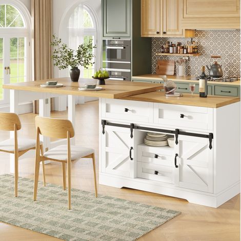 Isla de cocina extensible con mesa de comedor, 120-197 x 40 x 72 cm, blanca DESVIAE (1/5)