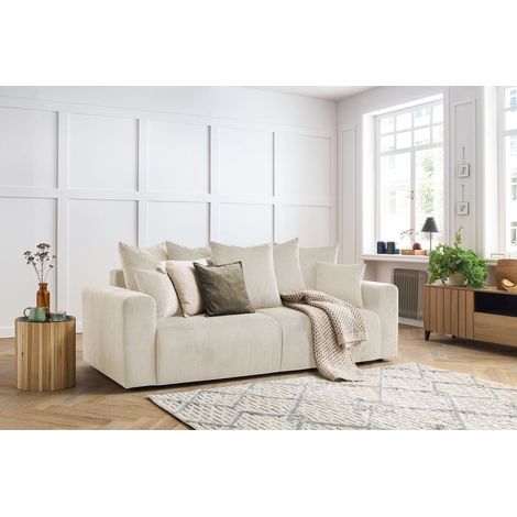 Bobochic – Canapé droit 3 places fixe en velours côtelé beige – Confort ferme – Longueur 240cm – Style bord de mer – Fabrication artisanale Europe (1/5)