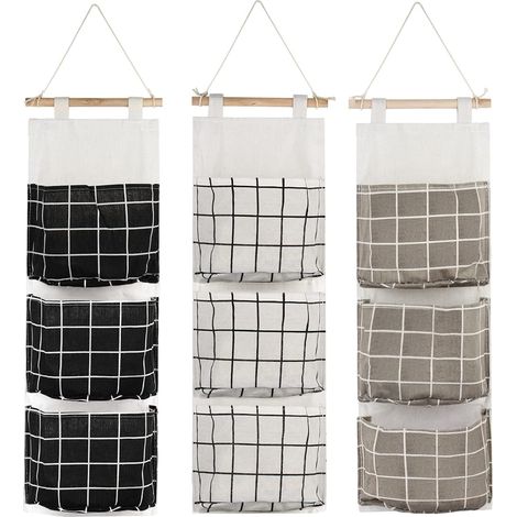 3Pcs Hanging Storage Bag with 3 Pockets(Black/Grey/White), Fabric Wall Shelf Basket Storage Pouch Organizer for Bedroom Bathroom Kitchen - Waterproof & Stylish