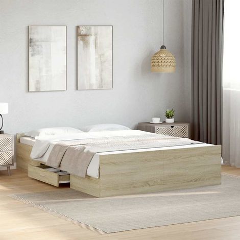 Cadre de lit avec tiroirs 120 x 200 cm en bois d’ingénierie chêne sonoma, sans matelas - PANGIVO (1/5)