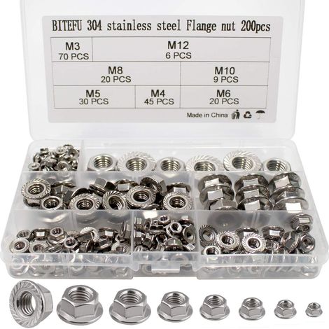 200pcs Hex Lock Nuts Flange Nut Flange Nuts 304 Stainless Steel M3 M4 M5 M6 M8 M10 M12 Assortment Kit (1/5)
