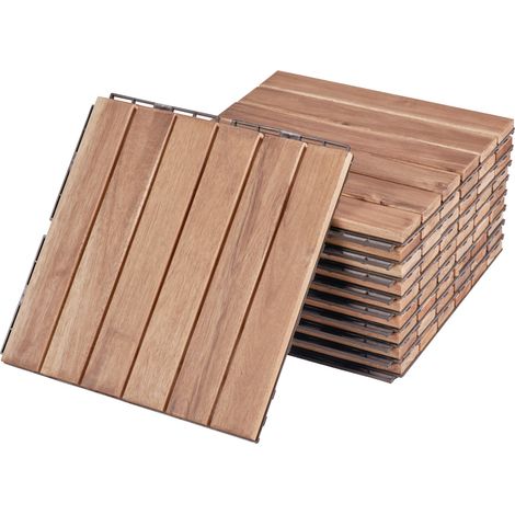 Set de 10 dalles de jardin bois d'acacia 6 lattes 0,9 m² naturel (1/5)