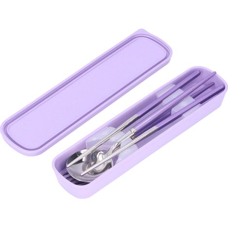 Tragbares Edelstahl-Besteckset mit Gabel, Löffel und Essstäbchen für Büro, Camping, Schule und Picknick (lila)
