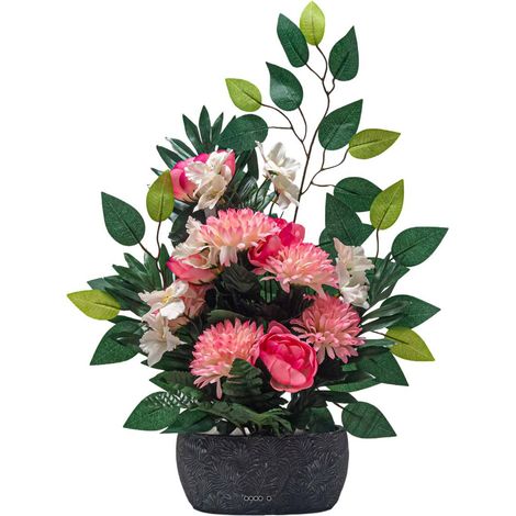 Jardinière Béton de renocules fleurs artificielles pour le cimetière H 50 cm Lg 44 cm Rose - couleur: Rose