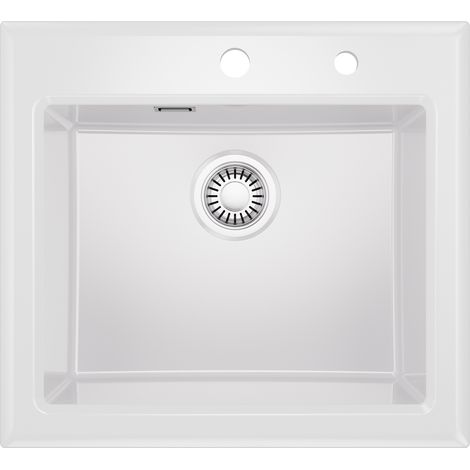CECIPA MAX Küchenspüle Keramik 55 x 50 cm, Einzelbecken mit Siphon und Überlauf, 55 cm Aufsatzspüle, weiß Keramik Spülbecken (1/5)