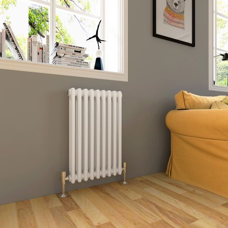 ELEGANT Traditional Radiator 600 x 420mm Horizontal Double Column Cast Iron Style Radiator White + Angled Radiator Valves (1/5)