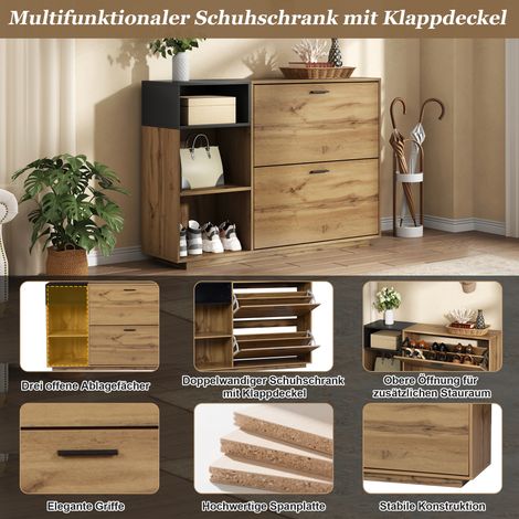 Meuble à chaussures 120x32x84,5cm en MDF, 3 étagères ouvertes & 2 compartiments rabattables, armoire double, charge max 50kg, meuble d’entrée, buffet, bois naturel et noir (1/5)
