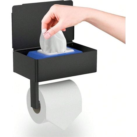 Portarotolo da parete senza foratura, con ripiano e dispenser per salviette umidificate, nero, per bagno e cucina. (1/4)