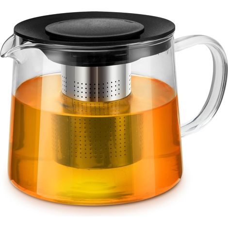 Théière verre 1,5L, infuseur acier inoxydable, couvercle, résistante chaleur, pour thé fleuri/feuilles en vrac.