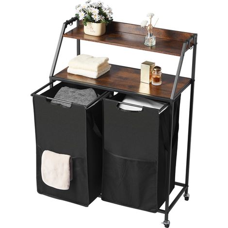 Panier à linge sale 2 compartiments, support de rangement haut avec structure métallique et plateau en bois, chariot mobile à roulettes avec étagères et sacs en oxford 600D pour vêtements sales (1/5)