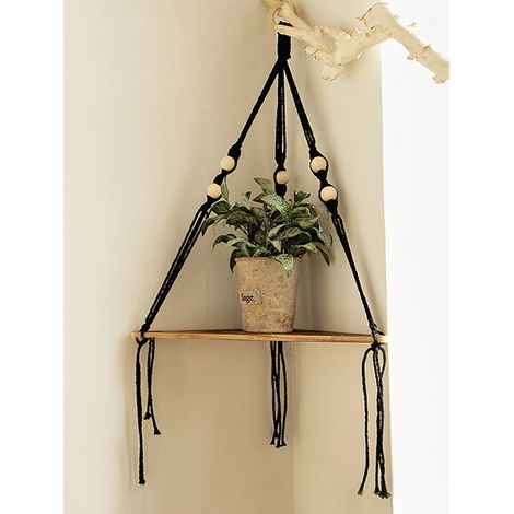 (Étagère d'angle M01513) Étagère d'angle murale en bois, support de rangement pour pots, étagère flottante en macramé, organisateur mural, style bohème, décoration nordique pour la maison (1/5)