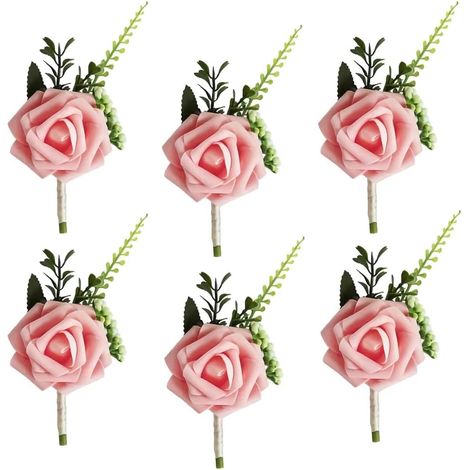 Ensemble de boutonnières 6 pièces pour homme, roses roses artificielles, pour mariages (1/5)