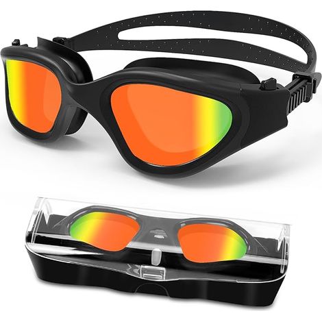 Lunettes de natation à verres polarisés, Lunettes natation Lunettes Plongée Lunettes Piscine Anti buée Anti UV Vision Nette pour Homme Femme Unisex Adultes Adolescents - couleur orange