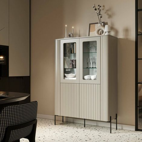 Vitrina Cimino, vitrina de salón con dos puertas y detalle de cristal, elevada del suelo, 110 x 40 x 160 cm, beige (1/4)