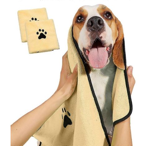 2 serviettes de bain pour animaux de compagnie - Serviettes de bain épaisses en microfibre absorbante à séchage rapide pour chiens et chats - Jaune (1/5)