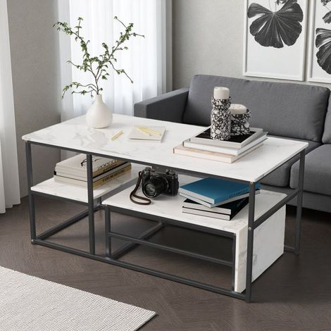 Mesa baja de salón - con tapa blanca y patas negras - mesa baja nido - mesa baja de mármol - cuadrada - 105x52x48 cm (1/5)