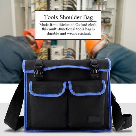 Sacoche porte-outils en tissu Oxford épais, avec bandoulière et organiseur, pour électricien et réparateur (bleu) (1/5)