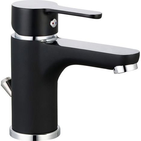 Robinet de lavabo de salle de bain en noir, mitigeur monocommande avec bonde, mitigeur de lavabo, robinet de salle de bain, noir/chromé (1/3)