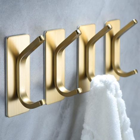 Ganchos para toallas/ganchos adhesivos, ganchos de pared de oro cepillado para colgar abrigos, sombreros, toallas, baño y dormitorio, juego de 4, acero inoxidable (1/5)
