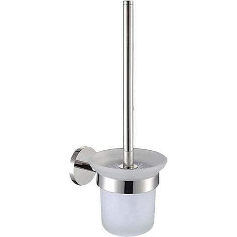 Wall Mounted Toilet Brush Holder Handle Stainless Steel Bowl Tempered Glass Self Adhesive (1/4)