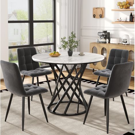 MEUBLIV Ensemble table à manger 5 pièces blanc/noir/gris – table ronde 80 cm, 4 chaises (1/5)