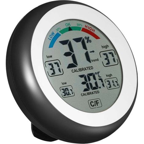 Rundes schwarzes Touchscreen-Thermometer und Hygrometer mit Uhr