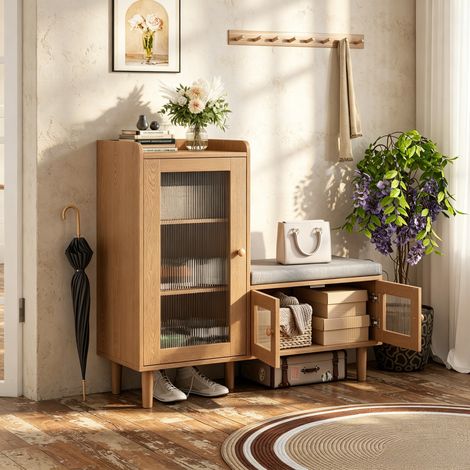 JOOKGBD-Mobile per scarpe da ingresso con panca imbottita,3 ante,ripiani regolabili,cassetti portaoggetti,maniglie in metallo,per corridoio,ingresso,soggiorno,marrone chiaro