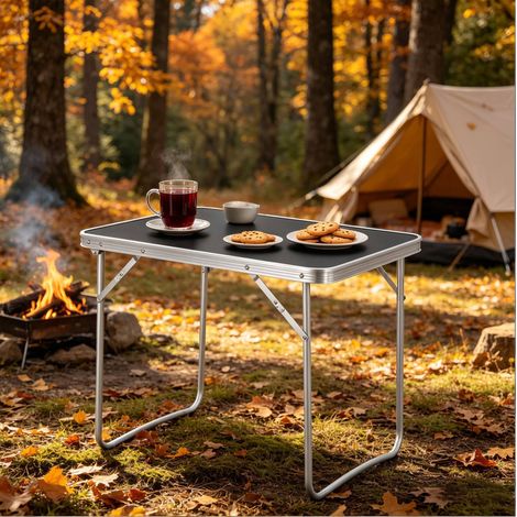Table pliante de jardin en aluminium, fer et MDF noir, légère et portable avec poignée (1/5)