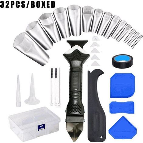 Kit de finition pour joints 32 pièces, avec applicateur 3 en 1, outils pour silicone et coulis, grattoir et dissolvant de joints, pour cuisine, salle de bain, fenêtre et carrelage (1/5)