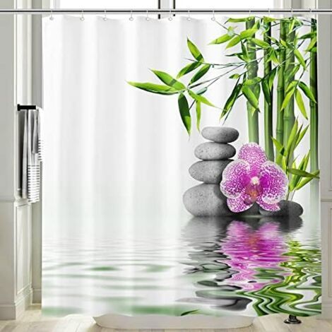Rideau de douche Zen anti-moisissure, imprimé 3D, motif orchidée en bambou et pierre, 180 x 200 cm, en polyester imperméable et lavable. (1/4)