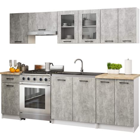 Cocina modular con vitrina 240 cm OLIWIA Gris hormigón 11 puertas 1 cajón 240x46x203 cm (1/5)