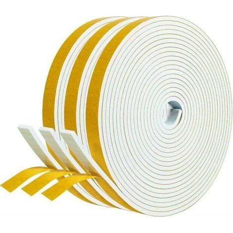 Joint adhésif Porte entree Fenetre 3 rouleaux 12mm x 3mm x 5m Joint Isolation en Mousse Caoutchouc Joint Antichoc Contre courants d'air Protection Meuble Mur Poignée -Mousse blanc film jaune (1/5)
