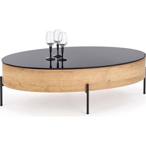 Table basse ovale avec plateau pivotant 120x60cm aspect chêne doré et verre noir Elios (1/3)