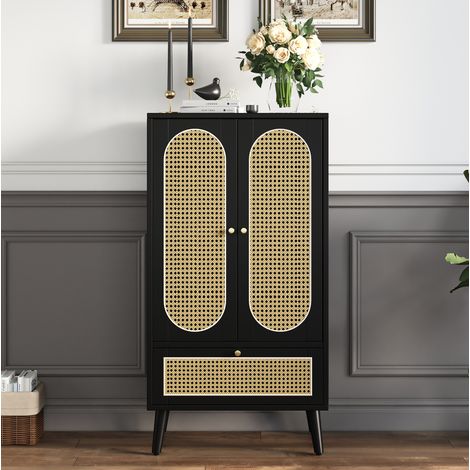 Credenza compatta nera, design rattan, 2 porte, 1 cassetto, 60 x 40 x 110,5 cm HAVRYA (1/5)