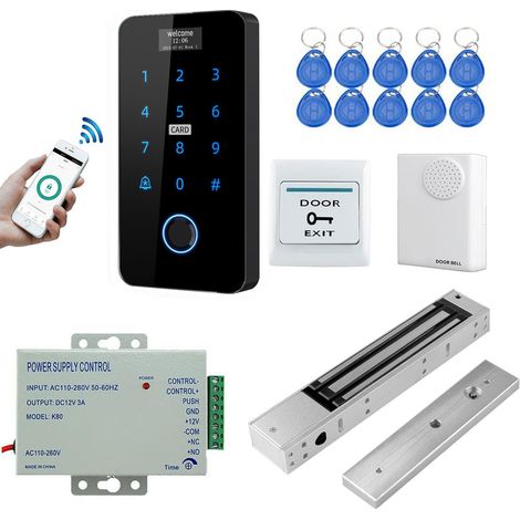 Kit Système de Contrôle d'Accès WiFi, Clavier D'empreintes Tactile avec Écran, Serrure Magnétique Electrique 280kg/600lbs, Étanche, RFID NFC 125KHz/13.56MHz, Alimentation 3A, Sonnette Porte (1/5)
