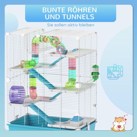 Cage à hamster 6 étages avec tubes, tunnels, cabane, roue, gamelle, biberon, rampes, bleu clair (1/5)