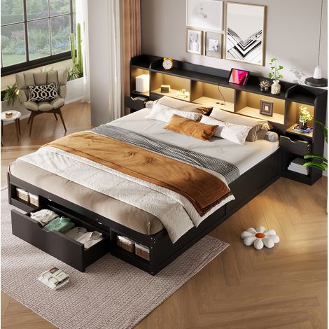 Bett 180x200 cm mit Stauraum, LED und USB, Schwarz HAVRYA (1/5)