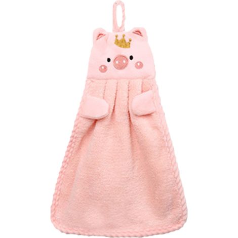 Kid Hand Towel Coral Velvet Cute Pig Pattern Absorbent Hanging Hand Dry Towel for Kitchen Bathroom Pink