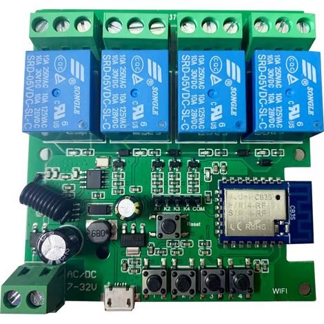 Módulo de control de 4 canales WiFi+BT de 433 MHz con aplicación Tuya, Alexa y temporizador para hogar inteligente DC5-32V, ABS 79x76x19mm