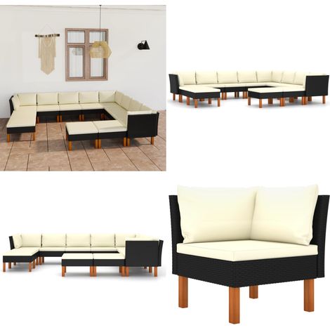 12-tlg. Garten-Lounge-Set mit Kissen Poly Rattan Schwarz - Gartensorfaset - Loungemöbel - Outdoor Möbel - Gartenloungeset - PE-Rattan - Home & Living