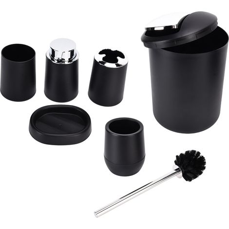 Set de 6 pièces salle de bain hôtel, poubelle chromée, gobelet à brosse à dents, porte-savon, kit de toilette noir (1/5)