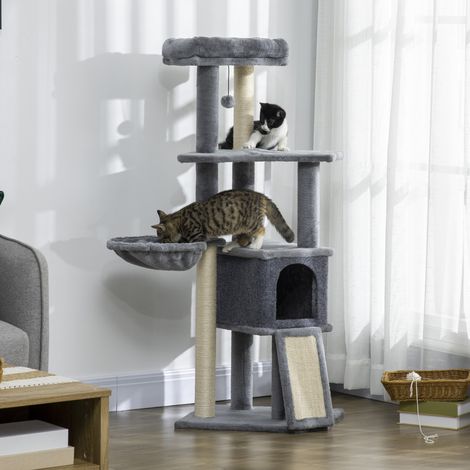 Arbre à grattage 127 cm gris pour chats à chat avec hamac de grotte Plates-formes de lit Rampe en sisal suspendue boule