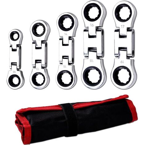 de 5 Clés à Cliquet à Tête Flexible, Combinaison Métrique SAE 72 Dents, Placage Nickel avec Pochette à Roulettes (1/5)